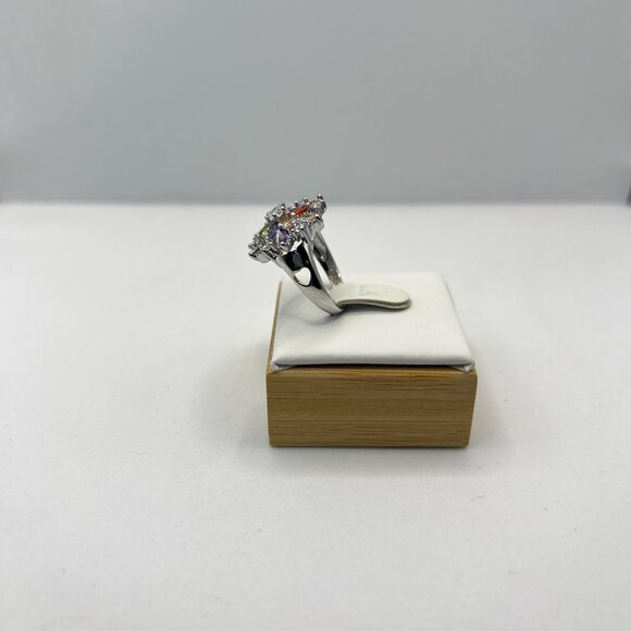 Rainbow Czs Flower Silver Ring - Size 7 - Picture 2 of 6